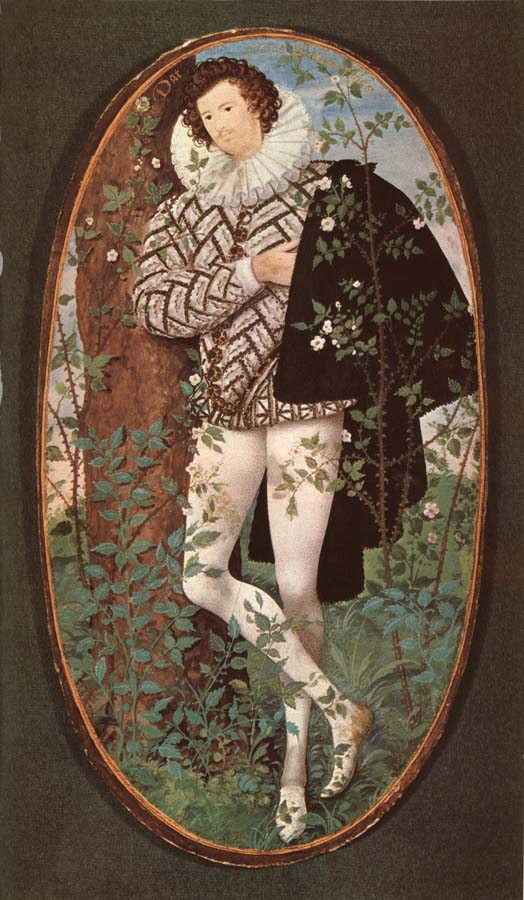 An unknown Youth Leaning against a tree among roses